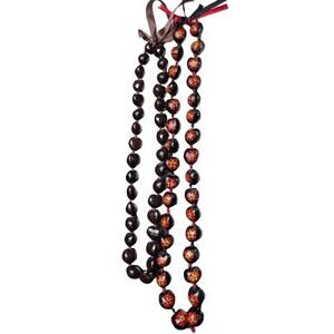 Vintage Hawaiian Kukui Nut Necklace Set Mens Womens Brown Black Floral Painted
